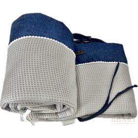 Avery Grey szürke waffle és farmer rácsvédő–fejvédő szett 200x30 cm, megkötőkkel