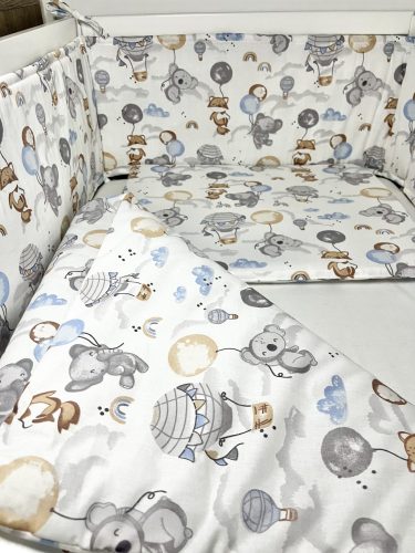 Bbaby 3 részes babaágynemű – Lufis Állatok, pamutvászon, párna, takaró, rácsvédő