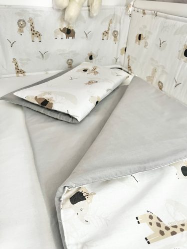 Szafari álom 3 részes babaágynemű szett – szafari mintás és szürke pamut, 70x90 takaró, 40x50 párna, 180x30 rácsvédő