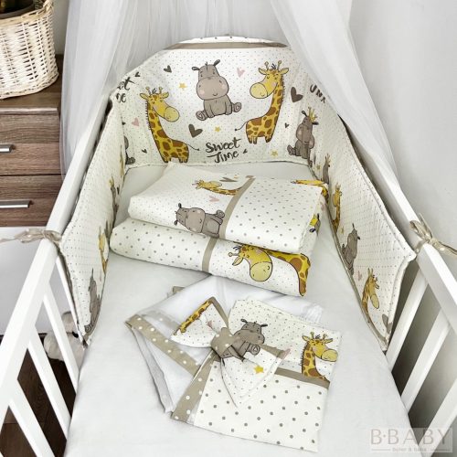 Sweet Time bézs – boldog bébi zsiráf és víziló mintás 4 részes babaágynemű szett