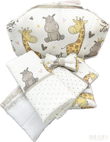 Sweet Time bézs – boldog bébi zsiráf és víziló mintás 4 részes babaágynemű szett