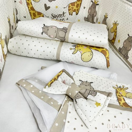 Sweet Time bézs – boldog bébi zsiráf és víziló mintás 4 részes babaágynemű szett