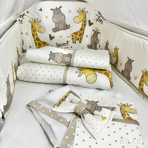 Sweet Time bézs – boldog bébi zsiráf és víziló mintás 4 részes babaágynemű szett