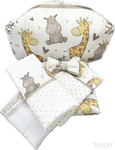 Sweet Time bézs – boldog bébi zsiráf és víziló mintás 4 részes babaágynemű szett