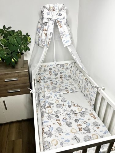 Bbaby 4 részes babaágynemű – Lufis Állatok, pamutvászon, párna, takaró, rácsvédő, baldachinfüggöny
