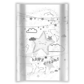 Happy Dreams pelenkázólap – fehér alapon fekete-szürke nonfiguratív mintával és felirattal, 80×50 cm merev peremes