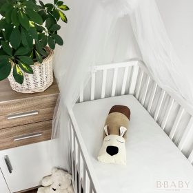 Buksi baby szundi párna – mogyoró plüss, bézs vászon test, barna dekorvászon kutyus