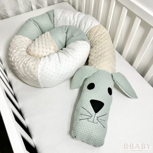 Newman – Nyuszi szundi hengerpárna 200x20 cm | Menta pamut, minky és waffle babapárna
