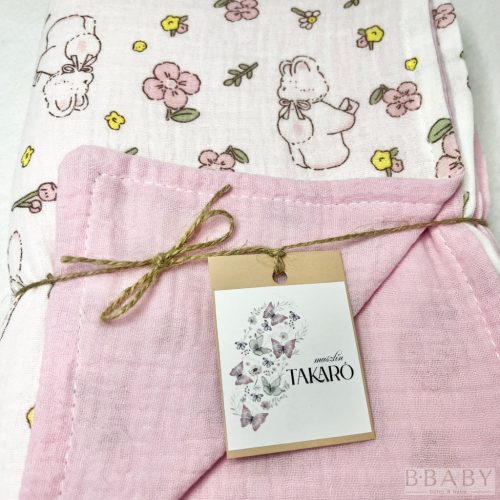 Masnis nyuszis muszlin takaró 70×100 cm – rózsaszín virágmintás, 100% pamut babatakaró