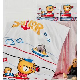 Tengerész macis gyermek ágyneműhuzat szett 140x90 cm takaróval és 35x45 cm párnával – piros-kék Sailor Bear mintával