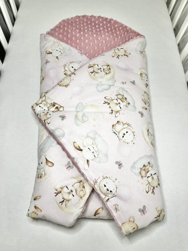 Bbaby kókuszpólya – Állatbarát Álom, rózsaszín és púder minky, állatmintás pamutvászon, kivehető kókuszbetéttel