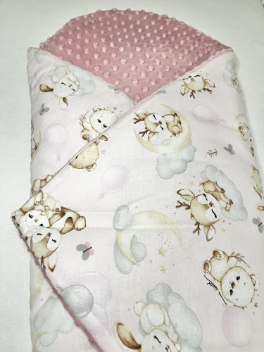 Bbaby kókuszpólya – Állatbarát Álom, rózsaszín és púder minky, állatmintás pamutvászon, kivehető kókuszbetéttel