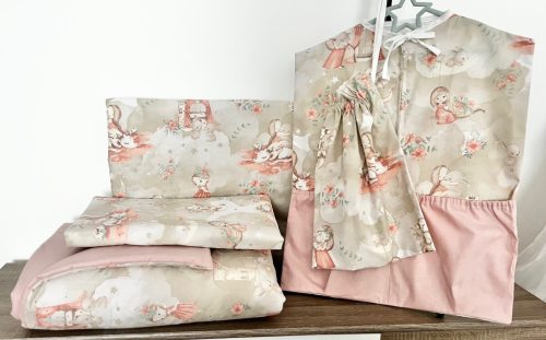 Púder álom ovis ágynemű szett sárkányos és nyuszis mintával, 90x140 takaró, 40x50 párna, kétoldalas kivitel