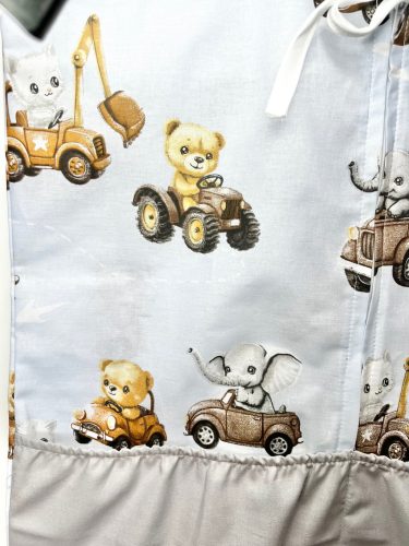 Munkás Mancsok ovis zsák – kétoldalas, dolgozó kisállatok mintával, szürke zsebbel